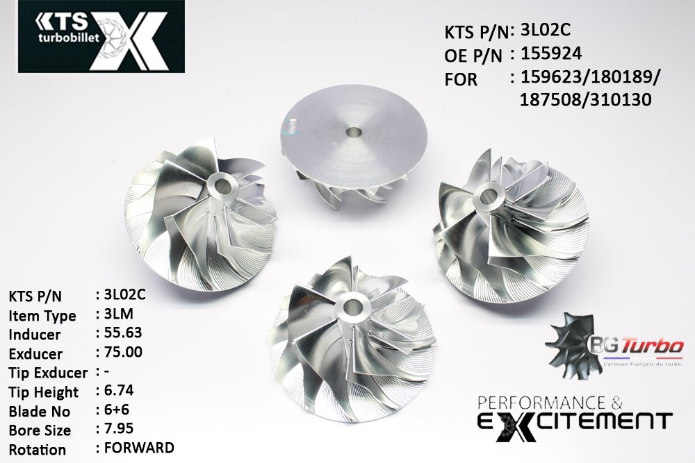 Turbo ROUE FORGÉE MFS PERFORMANCE - 6+6 PALES - INDUCER : 55,63 - EXDUCER : 75 - TYPE : 3LMANGLE : 55° - ROTATION : Forward - SUPER BACK : 0 - BORE SIZE : 7,95
